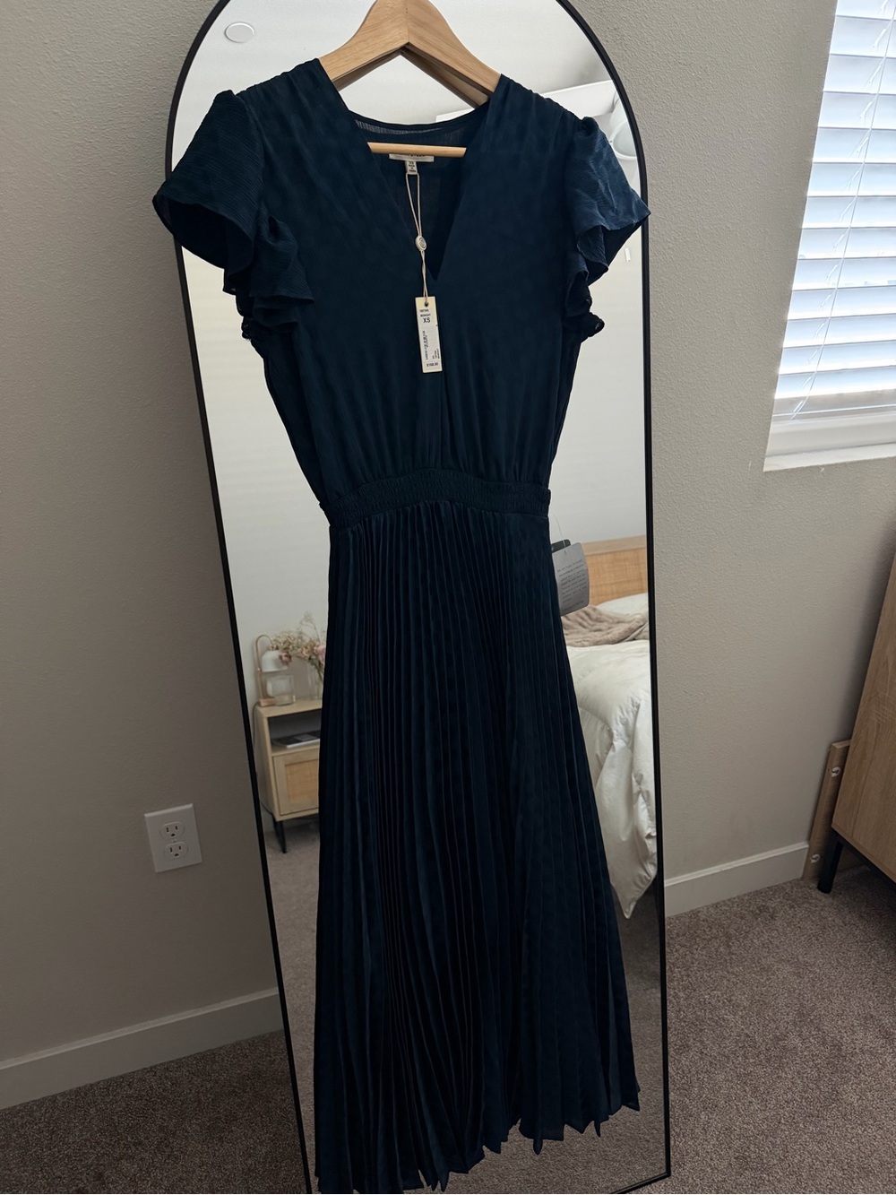 Max Studio Navy Pleated Midi Dress with Flutter Sleeves SzXS
